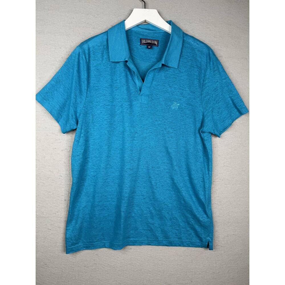 Vilebriquin Pyramid‎ Linen Jersey Polo Shirt Mens Sz M Teal Blue Luxury Resort